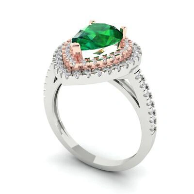 Pre-owned Pucci 2.66 Pear Double Halo Simulated Emerald Promise Wedding Ring 14k 2 Tone Gold In Green