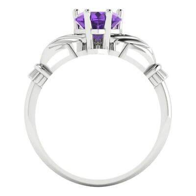 Pre-owned Pucci 1.55ct Irish Celtic Claddagh Real Amethyst Classic Statement Ring 14k White Gold