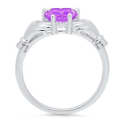 Pre-owned Pucci 1.55ct Irish Celtic Claddagh Real Amethyst Classic Statement Ring 14k White Gold