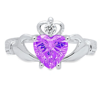 Pre-owned Pucci 1.55ct Irish Celtic Claddagh Real Amethyst Classic Statement Ring 14k White Gold