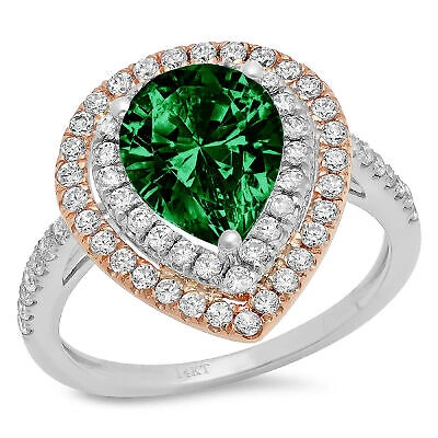 Pre-owned Pucci 2.66 Pear Double Halo Simulated Emerald Promise Wedding Ring 14k 2 Tone Gold In Green