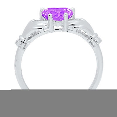 Pre-owned Pucci 1.55ct Irish Celtic Claddagh Real Amethyst Classic Statement Ring 14k White Gold