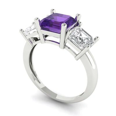 Pre-owned Pucci 3.25 Ct Emerald 3 Stone Real Amethyst Modern Statement Ring Solid 14k White Gold