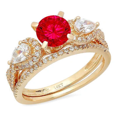 Pre-owned Pucci 2 Round Pear 3stone Simulated Ruby Wedding Statement Bridal Set 14k Yellow Gold