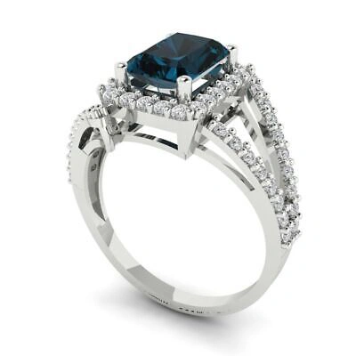 Pre-owned Pucci 2.10ct Emerald Criss Cross Royal Blue Topaz Promise Wedding Ring 14k White Gold