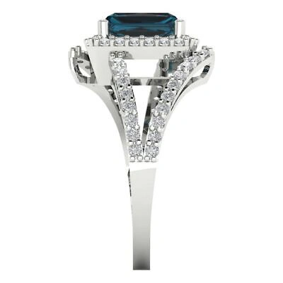 Pre-owned Pucci 2.10ct Emerald Criss Cross Royal Blue Topaz Promise Wedding Ring 14k White Gold