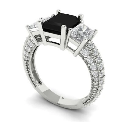 Pre-owned Pucci 4.26ct Emerald Cut Onyx Gem 18k White Gold 3 Stone Classic Wedding Bridal Ring