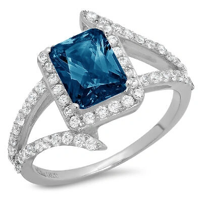 Pre-owned Pucci 2.10ct Emerald Criss Cross Royal Blue Topaz Promise Wedding Ring 14k White Gold