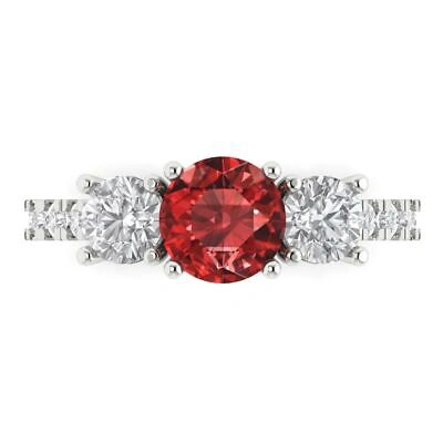 Pre-owned Pucci 2 Round Cut 3 Stone Real Red Garnet Classic Bridal Statement Ring 14k White Gold