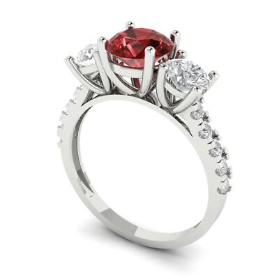 Pre-owned Pucci 2 Round Cut 3 Stone Real Red Garnet Classic Bridal Statement Ring 14k White Gold
