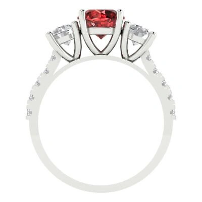 Pre-owned Pucci 2 Round Cut 3 Stone Real Red Garnet Classic Bridal Statement Ring 14k White Gold