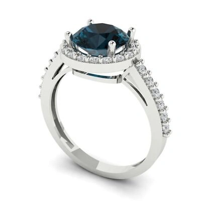 Pre-owned Pucci 2.4ct Round Cut Halo Royal Blue Topaz Promise Bridal Wedding Ring 14k White Gold