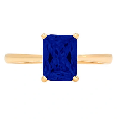 Pre-owned Pucci 2 Emerald Designer Statement Bridal Simulated Blue Sapphire Ring 14k Yellow Gold