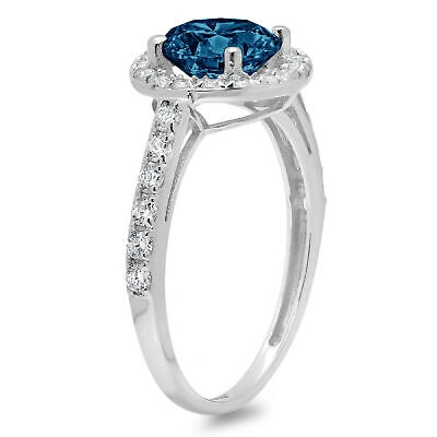 Pre-owned Pucci 2.4ct Round Cut Halo Royal Blue Topaz Promise Bridal Wedding Ring 14k White Gold