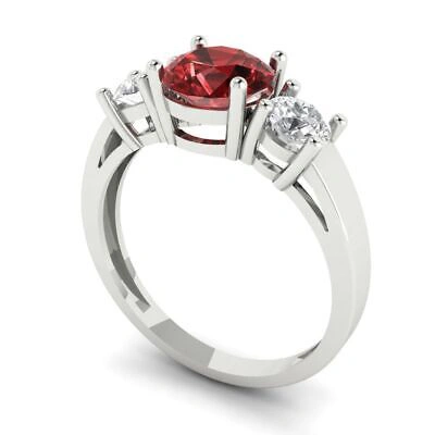 Pre-owned Pucci 1.50 Round 3 Stone Real Red Garnet Classic Bridal Statement Ring 14k White Gold