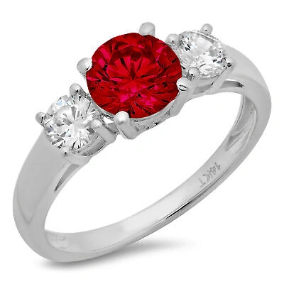 Pre-owned Pucci 1.50 Round 3 Stone Real Red Garnet Classic Bridal Statement Ring 14k White Gold
