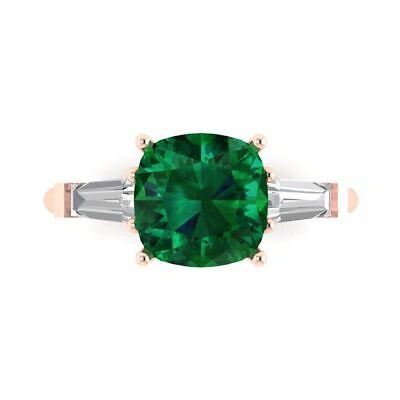 PUCCI Pre-owned 3.50 Ct Cushion 3 Stone Simulated Emerald Promise Wedding Ring 14k Rose Gold In Pink