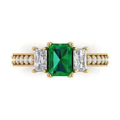 Pre-owned Pucci 1.82 Emerald Round 3stone Simulated Emerald Modern Ring Solid 14k Yellow Gold