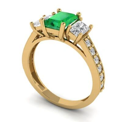 Pre-owned Pucci 1.82 Emerald Round 3stone Simulated Emerald Modern Ring Solid 14k Yellow Gold