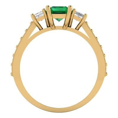 Pre-owned Pucci 1.82 Emerald Round 3stone Simulated Emerald Modern Ring Solid 14k Yellow Gold