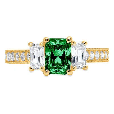 Pre-owned Pucci 1.82 Emerald Round 3stone Simulated Emerald Modern Ring Solid 14k Yellow Gold