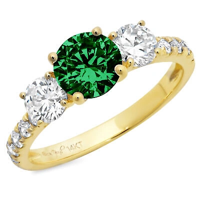 Pre-owned Pucci 2ct Round Simulated 3 Stone Emerald Stone Promise Wedding Ring 14k Yellow Gold