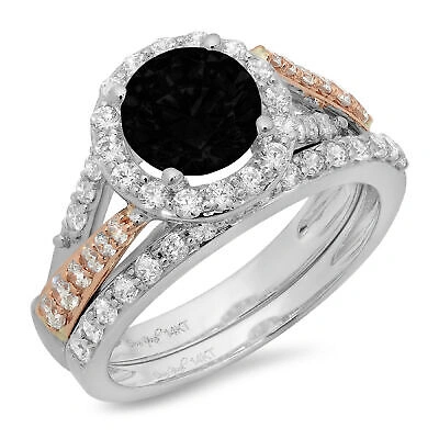 Pre-owned Pucci 1.9 Round Pave Halo Real Onyx Wedding Statement Ring Set Solid 14k 2 Tone Gold In D