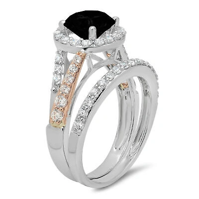 Pre-owned Pucci 1.9 Round Pave Halo Real Onyx Wedding Statement Ring Set Solid 14k 2 Tone Gold In D