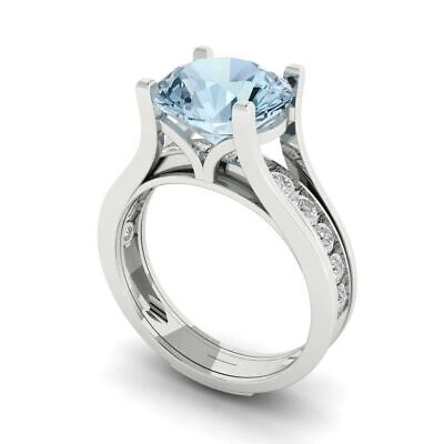 Pre-owned Pucci 2.89ct Round Sky Blue Topaz Wedding Statement Ring Set Sliding 14k White Gold