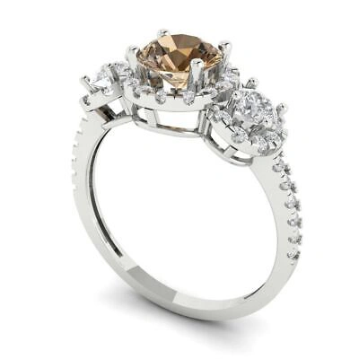 Pre-owned Pucci 1.75 Ct Round Halo 3 Stone Simulated Champagne Stone Promise Ring 14k White Gold