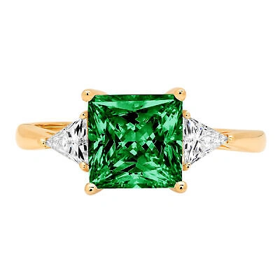 Pre-owned Pucci 2.4ct Pr Trillion 3 Stone Simulated Emerald Promise Wedding Ring 14k Yellow Gold