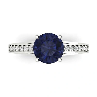 Pre-owned Pucci 2.2 Round Cathedral Simulated Blue Sapphire Classic Bridal Ring 14k White Gold