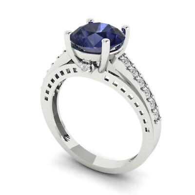 Pre-owned Pucci 2.2 Round Cathedral Simulated Blue Sapphire Classic Bridal Ring 14k White Gold