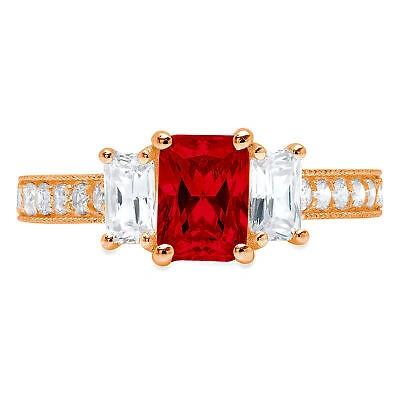 Pre-owned Pucci 1.82ct Emerald Round Cut 3 Stone Red Garnet Modern Statement Ring 14k Pink Gold