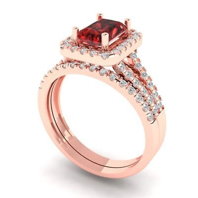 Pre-owned Pucci 1.60 Emerald Round Cut Halo Red Garnet Wedding Statement Ring Set 14k Pink Gold