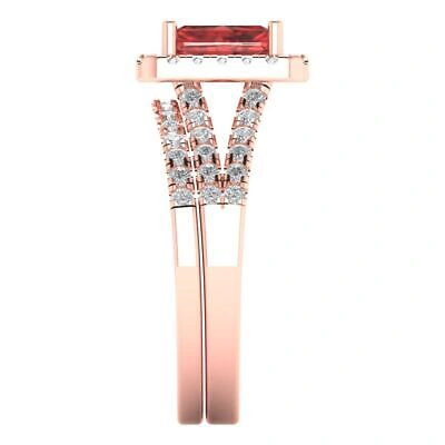Pre-owned Pucci 1.60 Emerald Round Cut Halo Red Garnet Wedding Statement Ring Set 14k Pink Gold