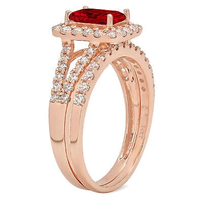 Pre-owned Pucci 1.60 Emerald Round Cut Halo Red Garnet Wedding Statement Ring Set 14k Pink Gold