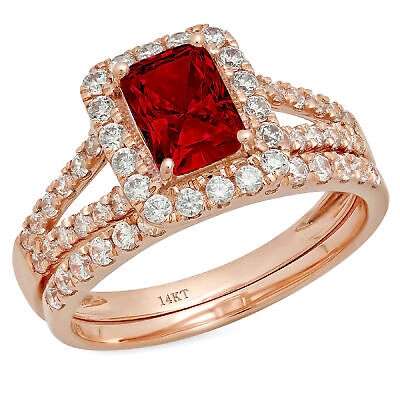 Pre-owned Pucci 1.60 Emerald Round Cut Halo Red Garnet Wedding Statement Ring Set 14k Pink Gold