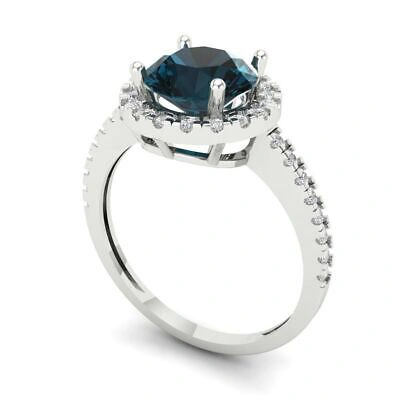 Pre-owned Pucci 1.8ct Round Cut Halo Royal Blue Topaz Promise Bridal Wedding Ring 14k White Gold