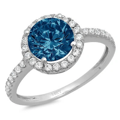 Pre-owned Pucci 1.8ct Round Cut Halo Royal Blue Topaz Promise Bridal Wedding Ring 14k White Gold