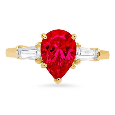 Pre-owned Pucci 2.5 Pear Baguette 3stone Simulated Ruby Classic Designer Ring 14k Yellow Gold