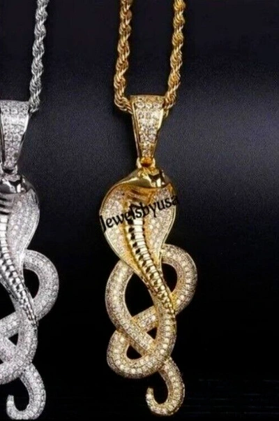 Pre-owned Nsg Mens Real Moissanite 2ct Sneck Pendant With Rope Chain Yellow Gold Plated Silver