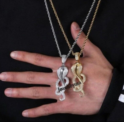 Pre-owned Nsg Mens Real Moissanite 2ct Sneck Pendant With Rope Chain Yellow Gold Plated Silver