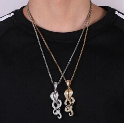 Pre-owned Nsg Mens Real Moissanite 2ct Sneck Pendant With Rope Chain Yellow Gold Plated Silver