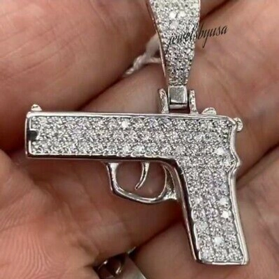 Pre-owned Nsg 0.15cts D/vvs Moissanite Men's Rapper Jewelry Small Gun Pendant 925 Silver In White
