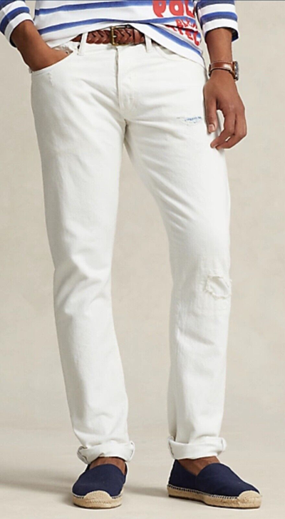 Pre-owned Polo Ralph Lauren White Distressed Repaired Sullivan Slim Fit Denim Jeans