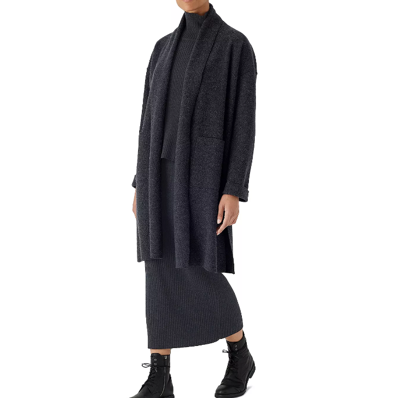 Pre-owned Eileen Fisher Lightweight Boiled Wool Lng Cardig Coat Charcoal Dark Grayxl