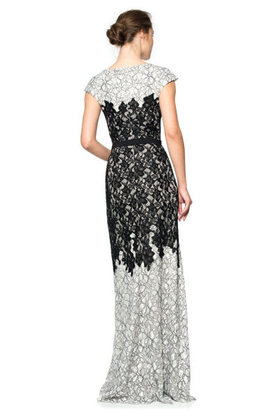 Pre-owned Tadashi Shoji Lace Contrast Colorblock Black Dove Cap Sleeve Dress Gown