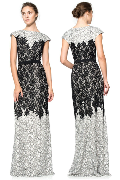 Pre-owned Tadashi Shoji Lace Contrast Colorblock Black Dove Cap Sleeve Dress Gown