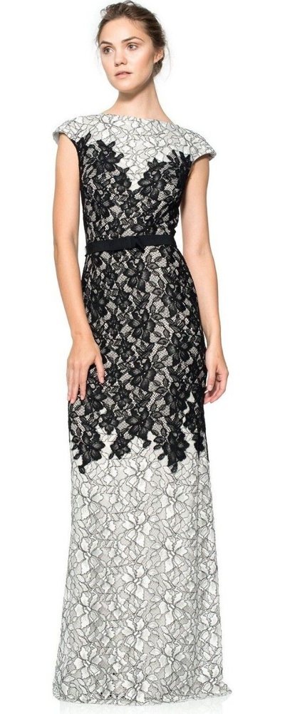 Pre-owned Tadashi Shoji Lace Contrast Colorblock Black Dove Cap Sleeve Dress Gown